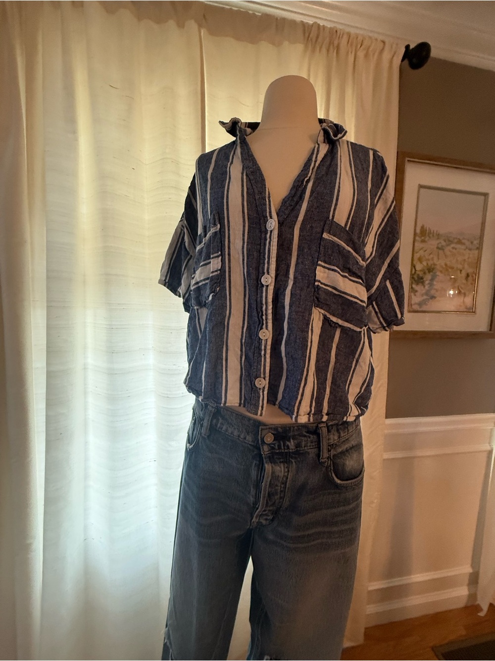 Laundry By Shelli Segal Blue and White Striped Button-Front Top - Picture 3 of 9